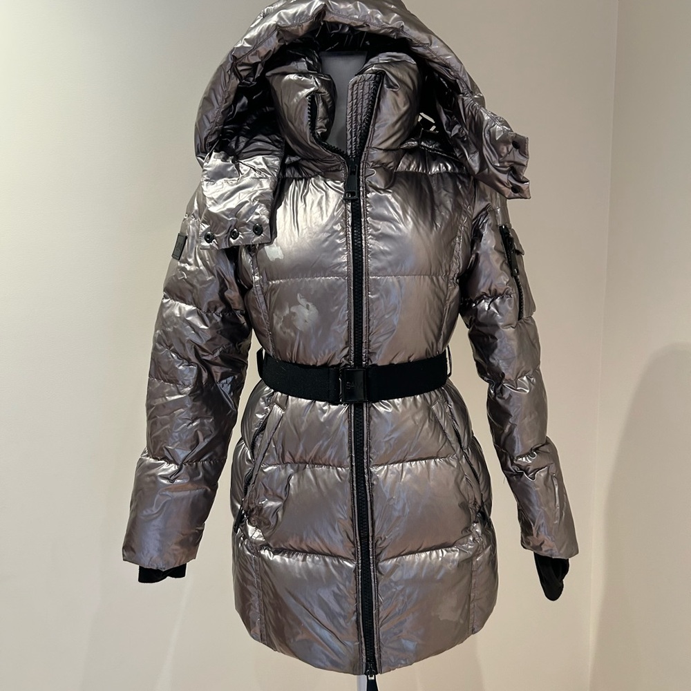 SAM. Metallic Silver Quilted Belted Puffer Coat - Women
